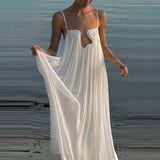 Lady Sexy Solid Color Deep V-neck Dress Elegant Suspender Beach Vacation Dress New Summer Chic Sleeveless Backless A-line Dress