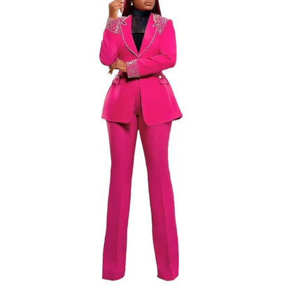 CM.YAYA Conjunto de dos piezas de chaqueta de manga larga y pantalón ancho para mujer, con empalme de perlas, para invierno y otoño de 2024