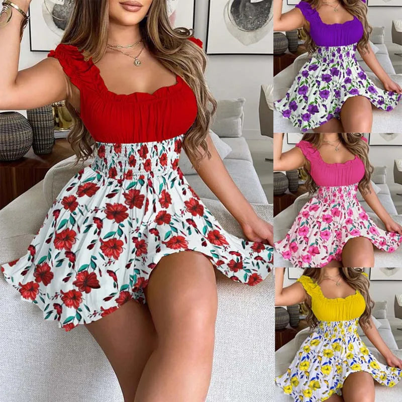 2026 New Arrival Women Fashion Floral Color Block Smocked Waist Round Neck Slim Casual Party Dress
