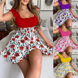 2026 New Arrival Women Fashion Floral Color Block Smocked Waist Round Neck Slim Casual Party Dress