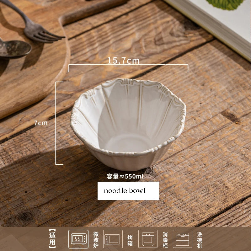 Elegant Classical Plate French Retro Ceramic Dishes Home Plate Rice Bowl Party Tableware Set White Lace Embossed Dinner Plate
