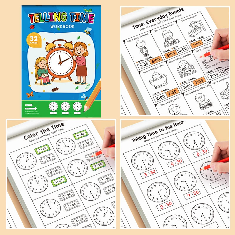 Children's Practice Book for Learning How to Tell Time, Suitable for Home-Based Kindergarten Activities, Includes Reading and Math Exercises, Ideal for Classroom Teaching and Back-To-School Supplies Time Practice Cards/Early