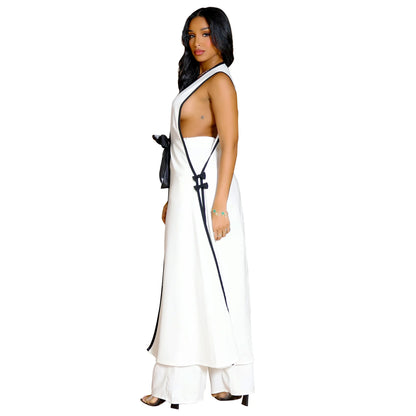 Two Piece Set Women Tracksuit Spliced Vest Pant Sets Elegant High Street Work Ankle Length Wide Leg Pants Loose Matching Sets