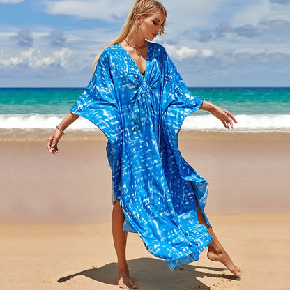 Vestidos caftán de talla grande para mujer, vestido caftán con cuello ondulado, vestido playero largo extragrande. 