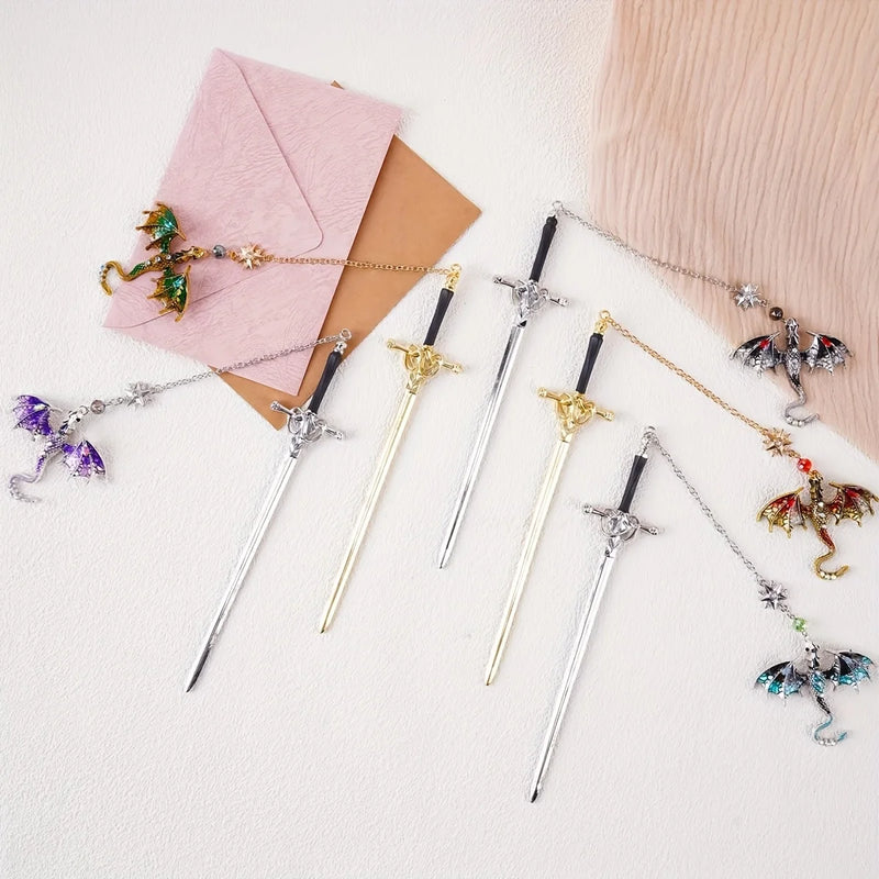 1pc Alloy Sword Dragon Bookmark, Birthday Gift for Book Lovers and Readers, Fantasy Bookworm Silver Gold Gold Pendant