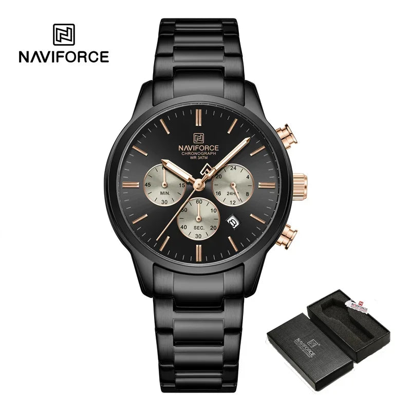 NAVIFORCE NF8076 Sports Watches for Men Stainless Strap Quartz 3ATM Waterproof Shockproof New Fashionable Clock