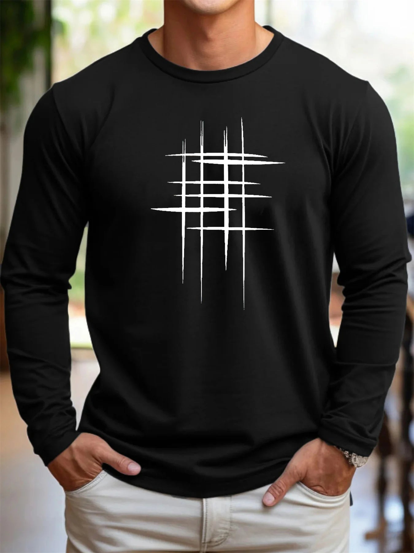 Men's 100% pure cotton loose fit comfortable sports and leisure creative line pattern printed round neck long sleeved T-shirt