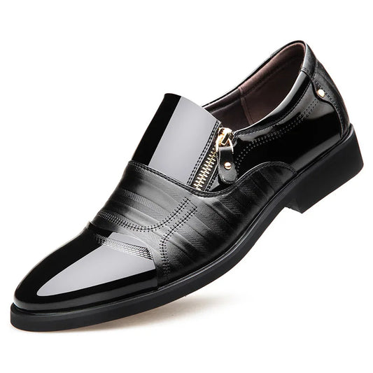 New autumn men's leather shoes: Sharp, pointed, outdoor, anti-slip flat, fashion business, zipper footwear, casual comfort male shoes