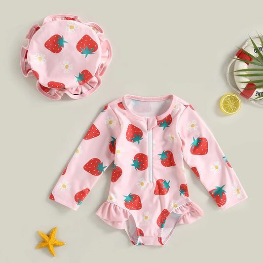 Conjunto de traje de baño VISgogo para niña pequeña, con protección contra erupciones, de verano, de manga larga y estampado de fresas, con sombrero para el sol, para recién nacida.