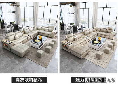 MINGDIBAO Nordic Fabric Sofa Set with Bluetooth Speaker & USB - Modern Living Room Modular Sofas Big U Shape Corner Cloth Couch
