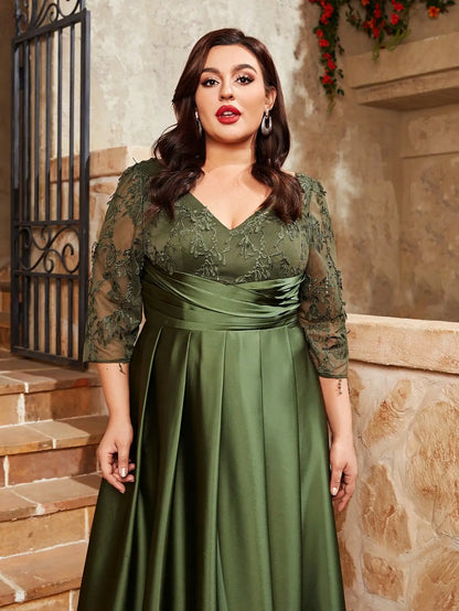 Vestido de noche Mgiacy de talla grande con escote en V, encaje bordado, mosaico de satén, falda larga doblada a mano, vestido de fiesta de graduación 