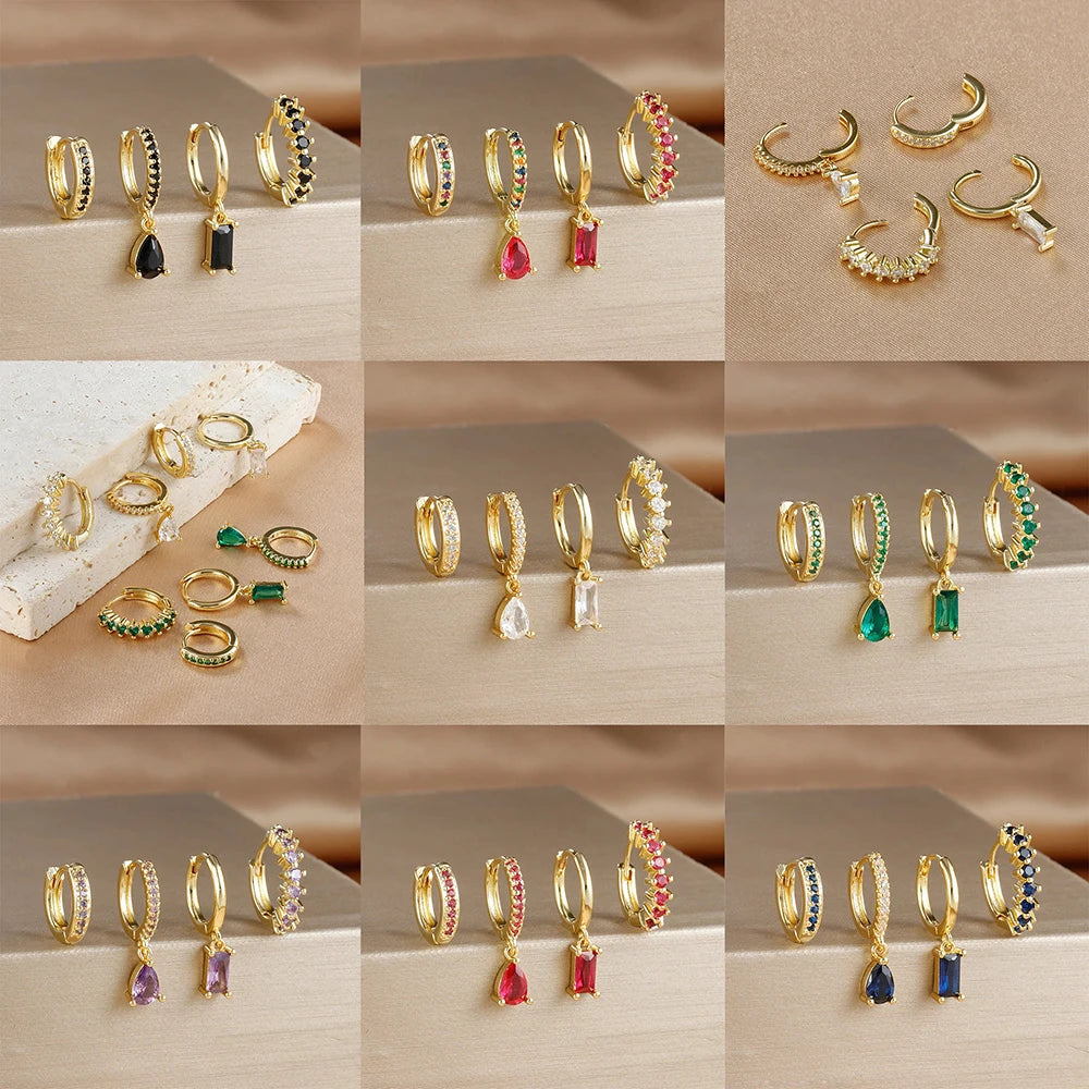 4PCS Colorful Cubic Zirconia Stainless Steel Hoop Earrings Set for Women Pendant Water Drop Earring Cartilage Piercing Jewelry