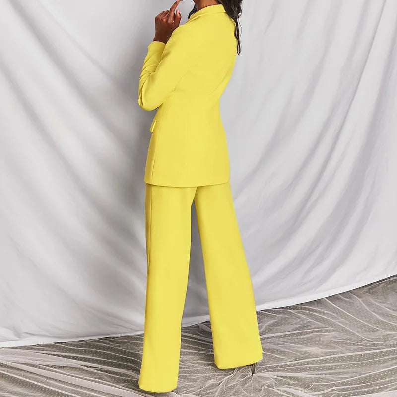 Blazer de color liso para mujer, traje elegante, pantalones rectos ajustados, conjunto de 2 piezas para oficina, otoño e invierno