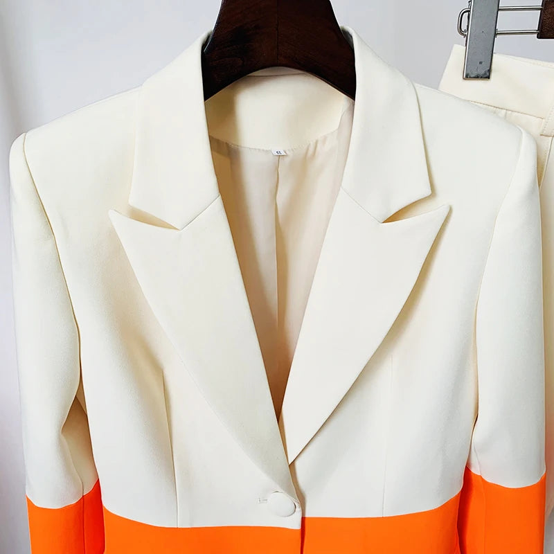HIGH QUALITY Newest 2025 Star Style Fashion Designer Runway Suit Set Women's Single Button Color Block Blazer Flare Pants Suit
