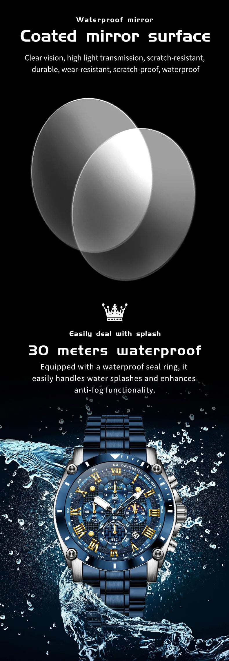 Relógio Olevs masculino de luxo cronógrafo multifuncional fases de lua e a prova de agua 3689