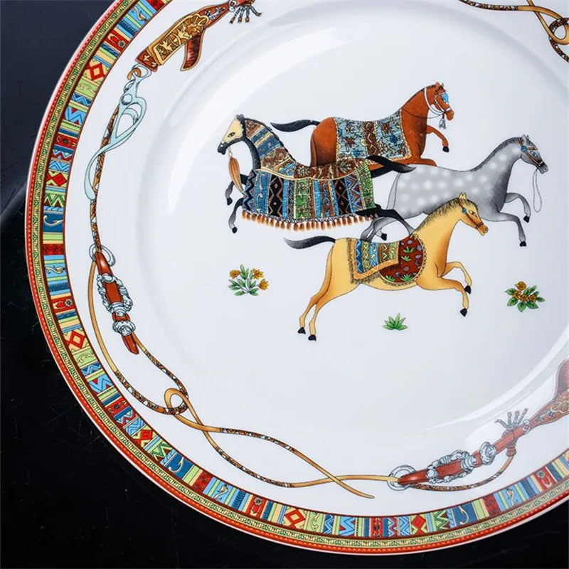 Bone China Tableware Set,Ceramic Luxury Kitchen Dinnerware,Porcelain Bowl,Plate,Spoon Combination,Wedding Gift,Horse Finished