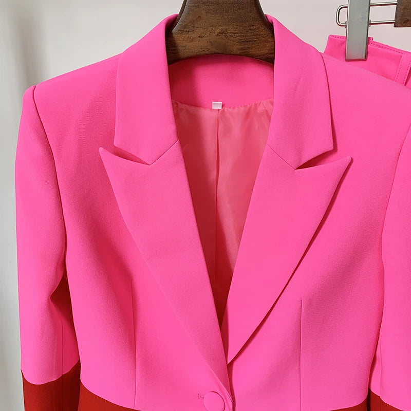 HIGH QUALITY Newest 2025 Star Style Fashion Designer Runway Suit Set Women's Single Button Color Block Blazer Flare Pants Suit
