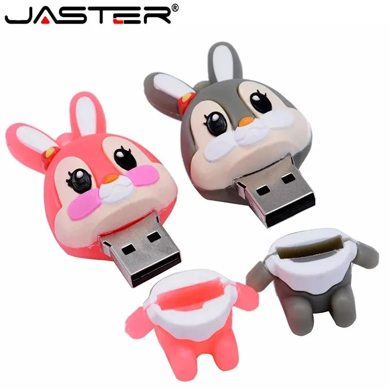 Lovely Rabbits USB Flash Drive 64GB Cartoon Pink Memory Stick 32GB Creative Gift Pen Drive 16GB Free Key Chain External Storage