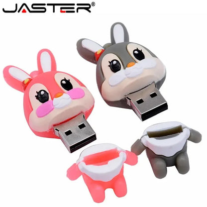 Lovely Rabbits USB Flash Drive 64GB Cartoon Pink Memory Stick 32GB Creative Gift Pen Drive 16GB Free Key Chain External Storage