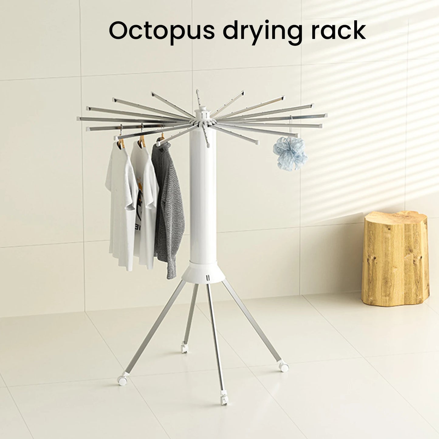 1/2 Layer Foldable Cylinder Drying Rack with Wheels Octopus Retractable clothes Drying Rack with 16 Clothes Drying Rod and Clips