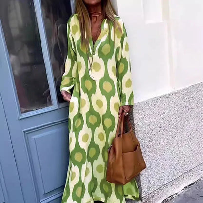 Plus Size 2023 Nova Estação Independente Moda Impressão Exclusiva Vestido Longo com Decote em V Transfronteiriça Europeu Americano Outono Wi...