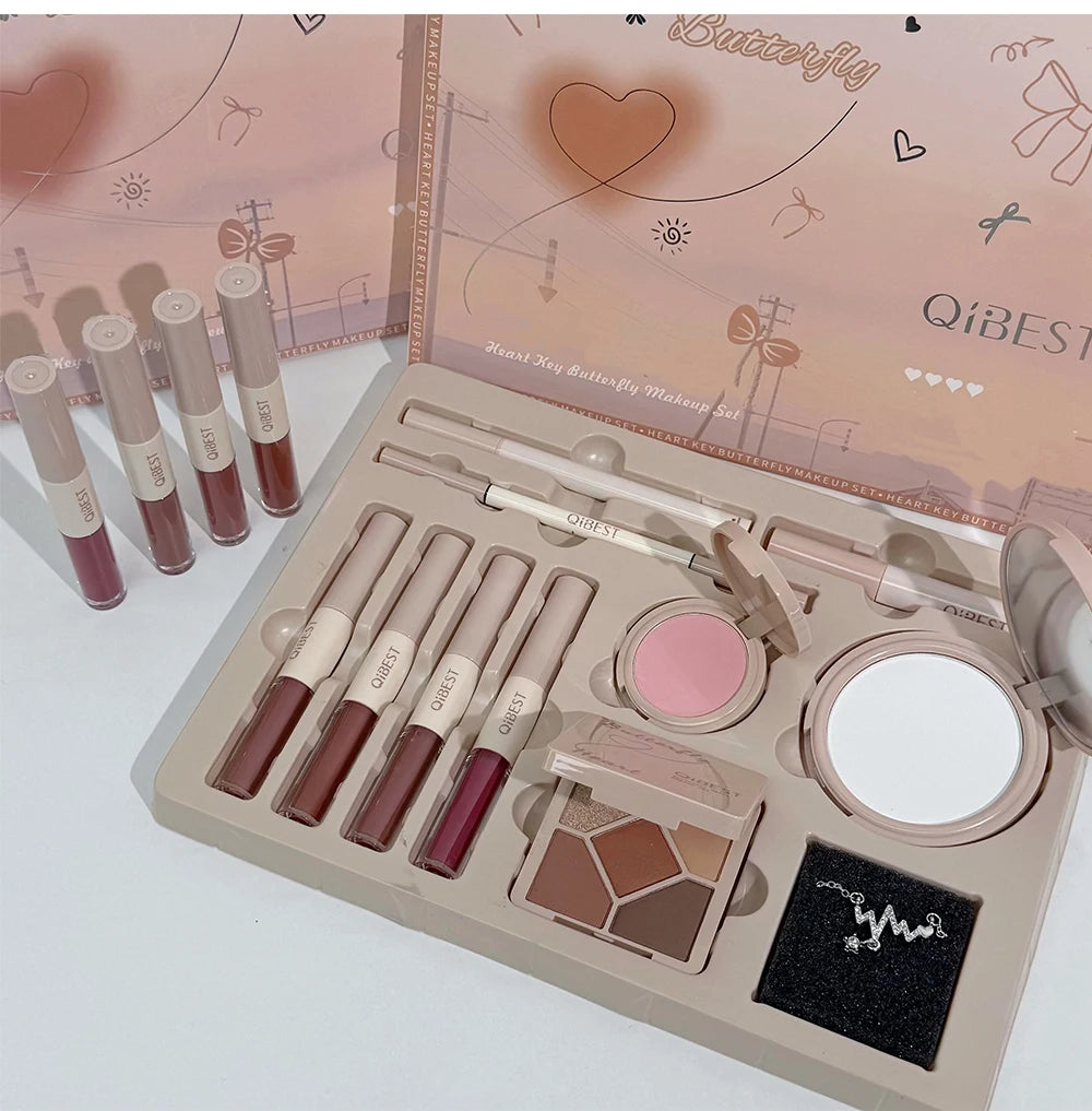 QIBEST Multipurpose Makeup Set 4pc Double Head Lip Glaze, Face Pressed Powder,Blusher,Eyeshadow, Eyebrow Pencil,Eyeliner,Lip Oil