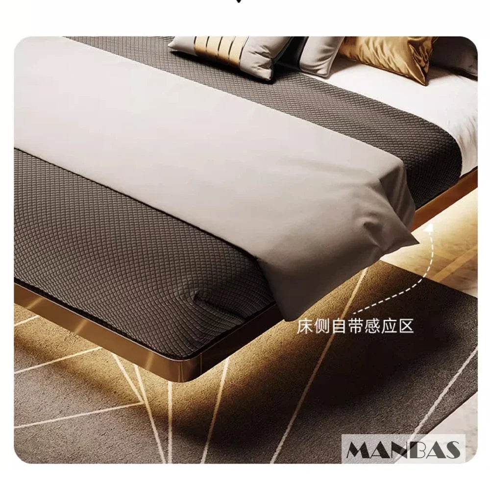 MINGDIBAO Cama Suspendida Moderna De Cuero Genuino con Luz Sensor, Estructura De Cama Doble Rectángulo con Acero Inoxidable, Camas Nórdicas