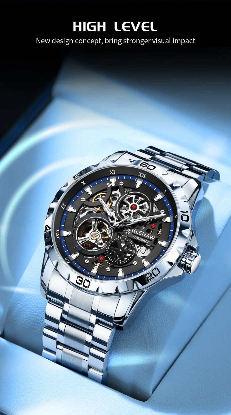 GLENAW Steampunk Skeleton - Reloj para hombre, anillo, relojes mecánicos automáticos de lujo, luminosos, resistentes al agua, correa de acero inoxidable