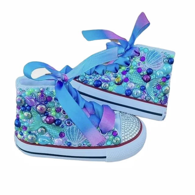 Dollbling Shell Simulation Canvas Shoes, DIY Bling Handmade Shoes, Mermaid Theme, Kids High Top Pearls Sneakers, Under the Sea 