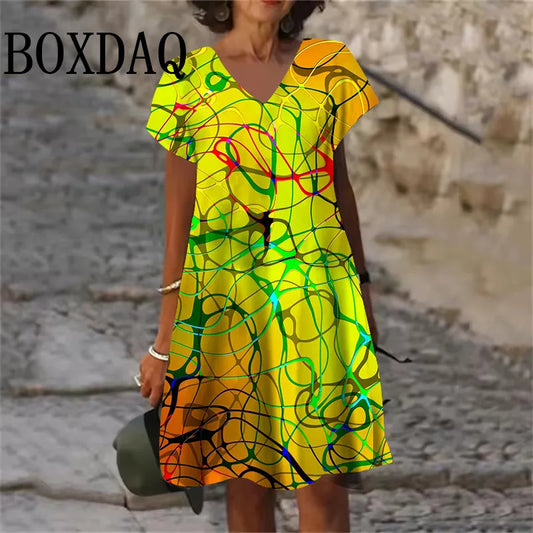 2025 Summer Dresses Women Gradient Painted 3D Print Dress Fashion Plus Size Casual V-Neck Short Sleeve Loose Dress 6XL Clothing