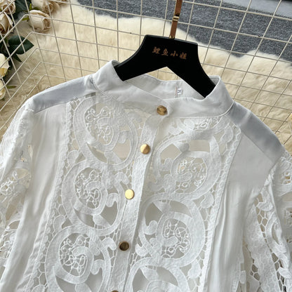 Autumn Crochet White Lace Embroidery 3 Pieces Sets Women Dress Suits Hollow Out Loose Shirt Top Elastic Waist Maxi Skirt Suit