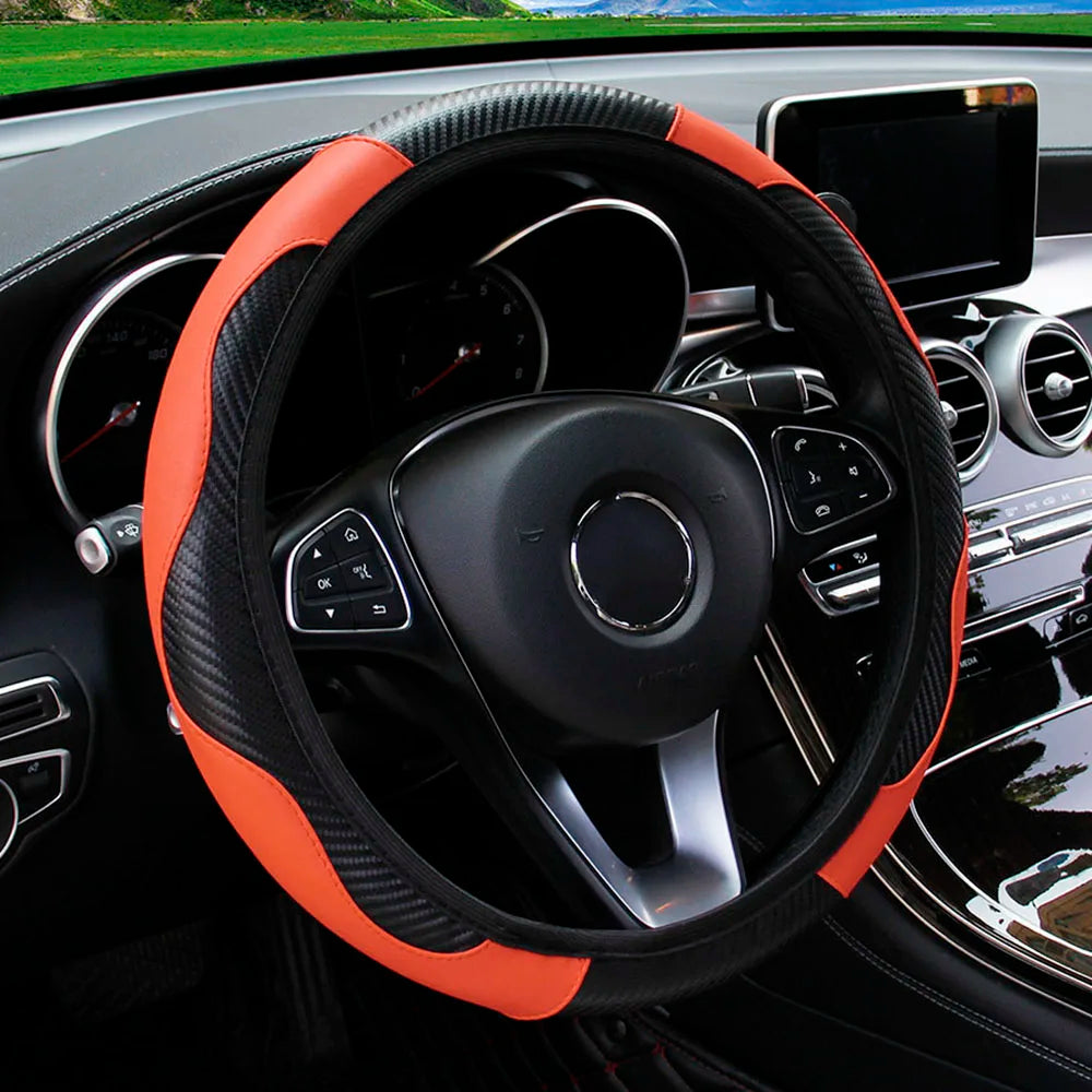 PU Carbon Fiber Leather Car Steering Wheel Cover without Inner Ring Suitable for 14.5-15 Inches Auto Supplies