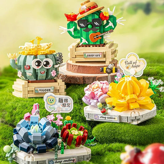 DIY Flower Vase Succulent Cactus Snow Lotus Potted Plants Gardens Building Blocks Model Mini Bricks Kids Sets Kits Toys