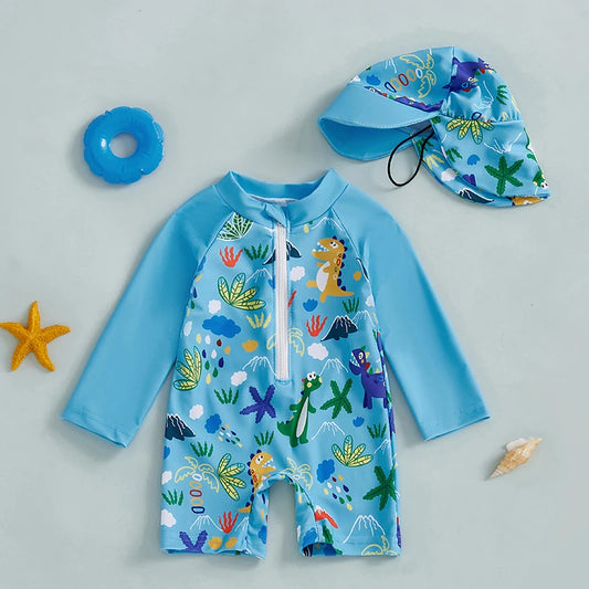 0-5 Years Kids Boy Rash Guard Swimsuits Shark Print Long Sleeve Half Zip-up Bathing Suit with Sun Hat 2 Pcs Swimwear for Toddler