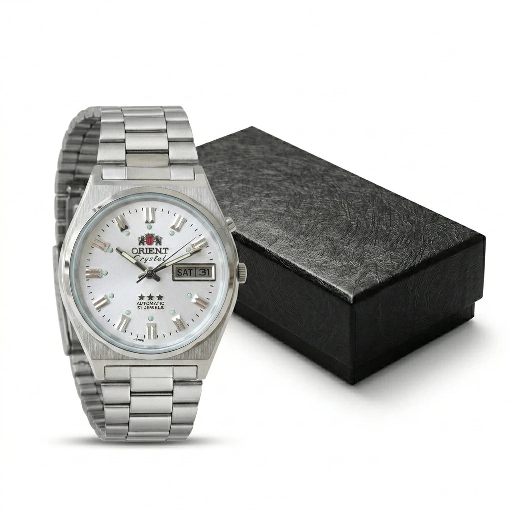 Relógio masculino automático vintage 36mm mostrador champagne em aço inox