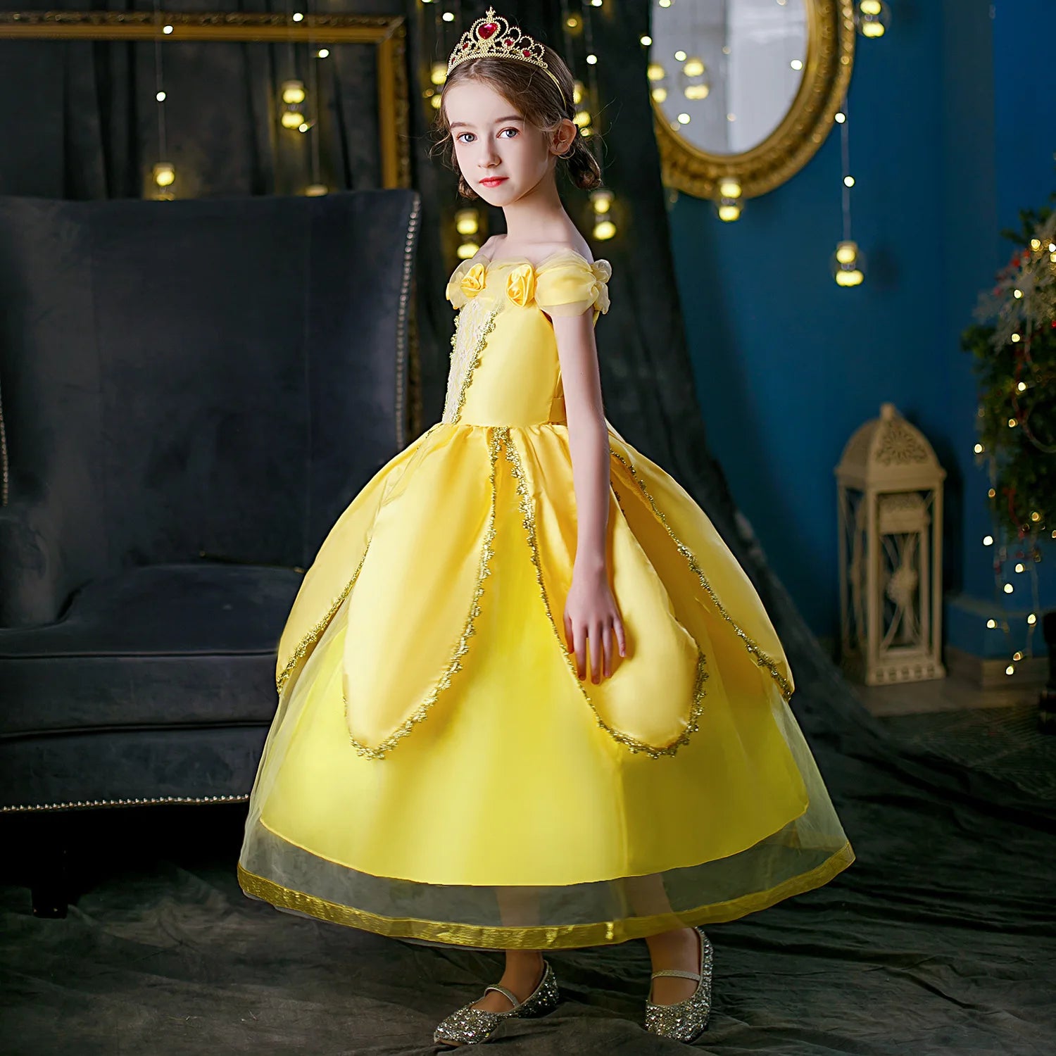 2025 Cosplay Belle Princess Dress Girls Dresses For Beauty and beast Party Clothing Magic stick crown Costume 3-12Y