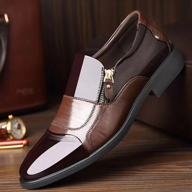 2025Men's Leather Shoes Sharp Pointed Outdoor Anti Slip Flat Fashion Business Zipper Footwear Casual Comfort Male Shoes