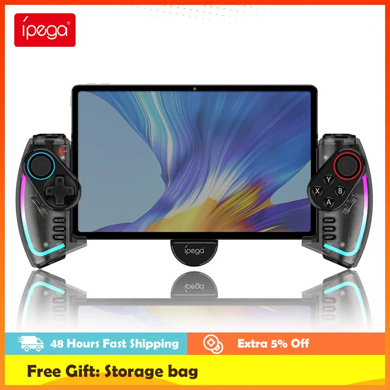 Mando Bluetooth Ipega PG-9777S para Nintendo Switch, Android, iOS, iPad y PC con luz RGB, vibración lineal y control extensible.