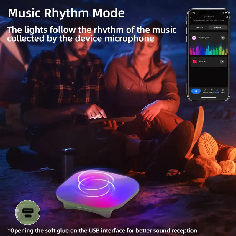 Linterna de camping recargable, luz inteligente, control Bluetooth mediante aplicación Tuya, sincronización de música, iluminación LED RGB para tienda de campaña, 13500 mAh, exterior, 80 W