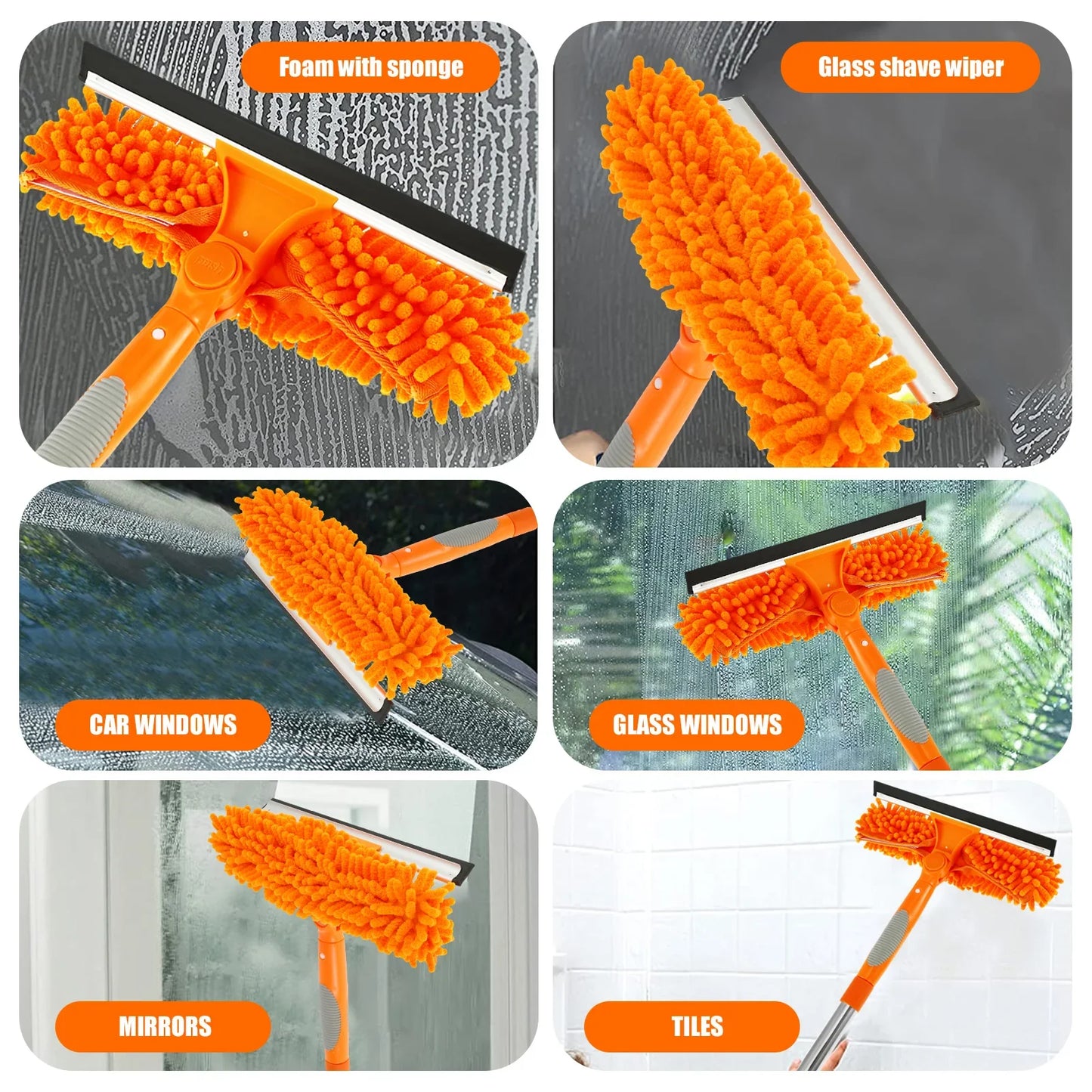 2 in 1 Squeegee Window Cleaner Window Mop 72inch Extension Long Handle Magic Broom for Home Shower Glass Door Cleaning Tools Set