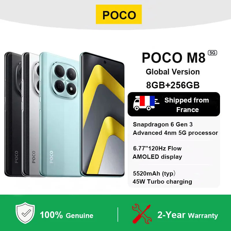 POCO M8 5G 8GB+256GB Smartphone Global Version Snapdragon® 6 Gen 3 6.77 "120Hz Flow AMOLED display 5520mAh 50MP Al dual camera system