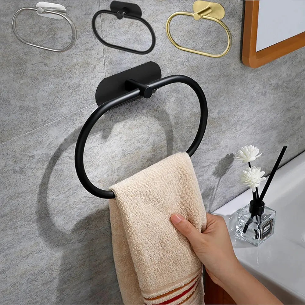 Toallero de acero inoxidable autoadhesivo para baño, toallero negro, colgador de toallas, barra de aro, accesorios de almacenamiento para cocina