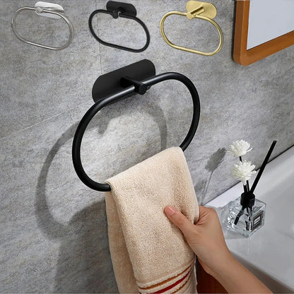 Toallero de acero inoxidable autoadhesivo para baño, toallero negro, colgador de toallas, barra de aro, accesorios de almacenamiento para cocina