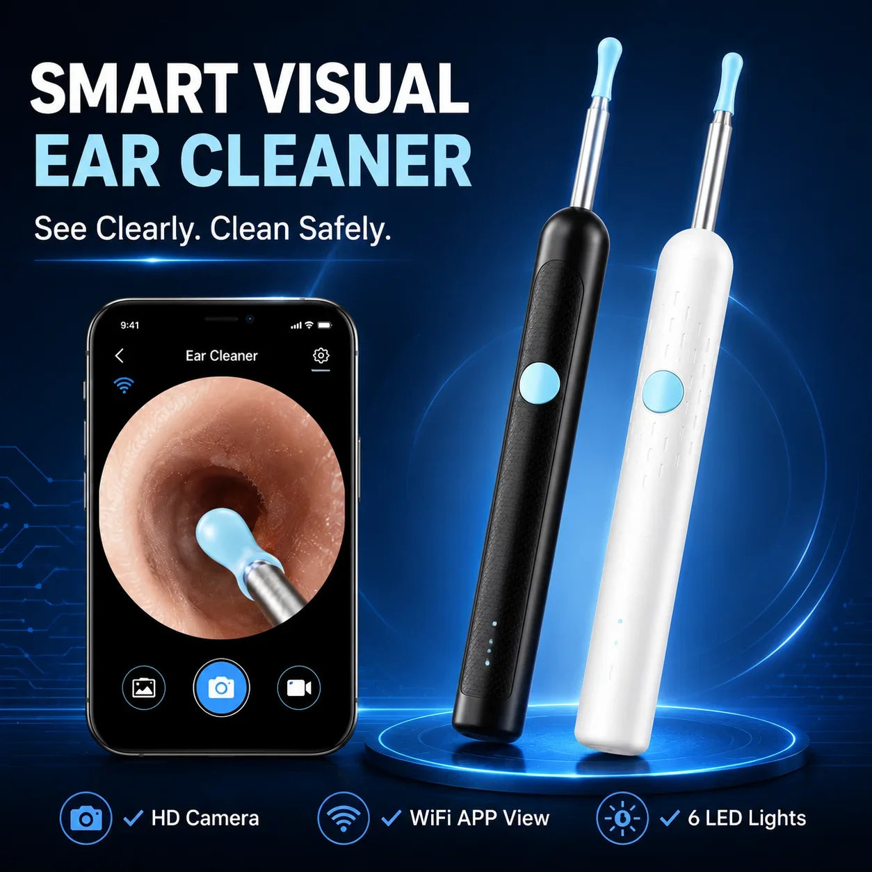 Smart Visual Ear Wax Remover with 1080P HD Camera, USB C Rechargeable Ear Cleaner, Waterproof Ear Scope Otoscope, Safe Ear Wax R
