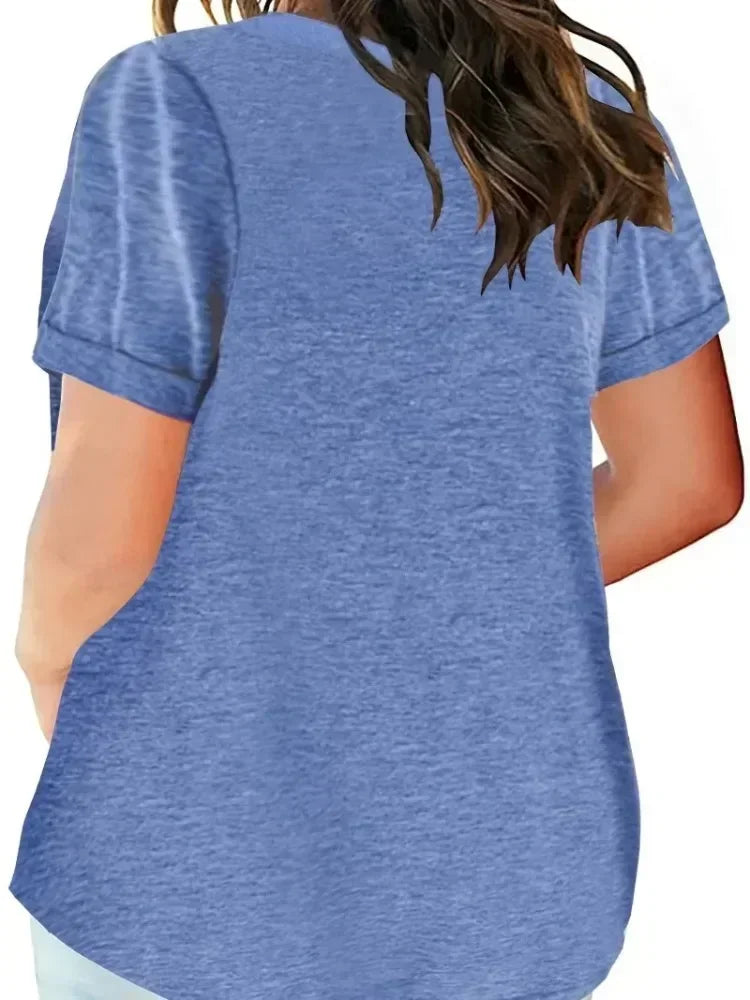 Plus size 1xl-8xl feminino solto topos senhoras casual com decote em v manga curta bolso camiseta primavera e verão novo estilo