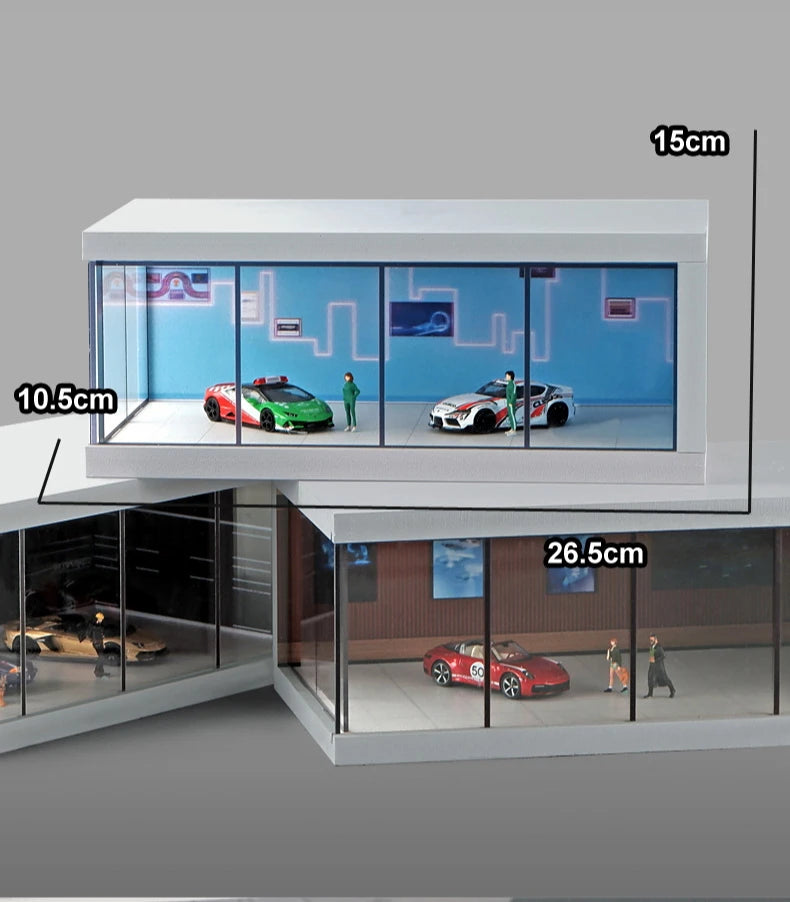 1/64 Simulated Alloy Car Model Showroom for Boy Miniature Acrylic Parking Lot Car Display Stand with Lights Kids Collection Toys