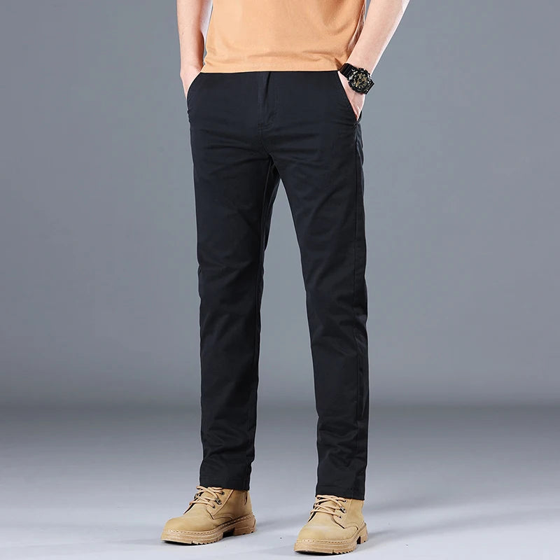 Men's High Quality Pure Cotton Classic Solid Color Casual Pants Business Stretch Slim Straight Brand Trousers Male Autumn New