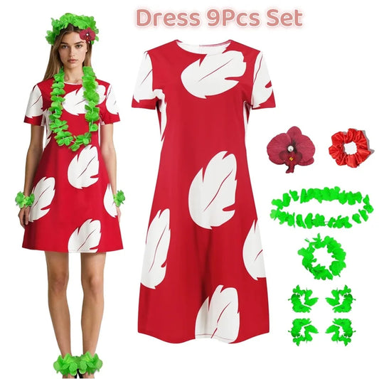Lilo Cosplay Costume Pelekai Red Lilo Dress with Hawaiian Leaf Flower Leis Accessories Flower Hair Clip Halloween Party Cosplay