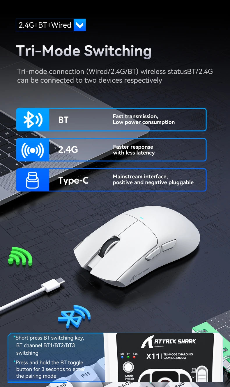 Attack Shark X11 Wireless Mouse Paw3311 22000DPI Buletooth Three Mode Rgb Charging Dock Lightweight Game E-Sports Mouse Laptop