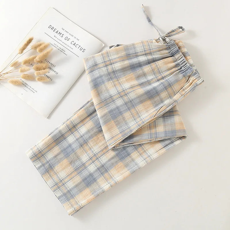 Plus Size Japanese Minimalist Checked Women Pajamas Trousers Women Soft Home Pants Loose Casual Pants Elastic Waist Home Pants